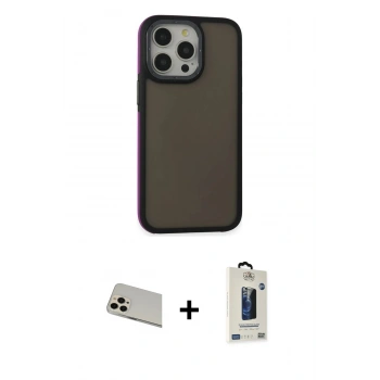 MARSİLYAN™- iPhone 13 Pro Max Kılıf Eksen Işık - Siyah Bilvis Hayalet Cam Ekran Koruyucu + Rainbow Kamera Lens Koruma Cam - REGD
