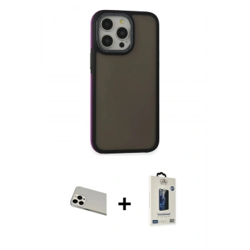 MARSİLYAN™- iPhone 13 Pro Max Kılıf Eksen Işık - Siyah Bilvis Hayalet Cam Ekran Koruyucu + Rainbow Kamera Lens Koruma Cam - BZ