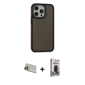 MARSİLYAN™- iPhone 13 Pro Max Kılıf Eksen Işık - Siyah Bilvis Hayalet Cam Ekran Koruyucu + Rainbow Kamera Lens Koruma Cam - REGD