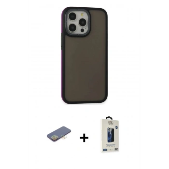 MARSİLYAN™- iPhone 13 Pro Max Kılıf Eksen Işık - Siyah Bilvis Hayalet Cam Ekran Koruyucu + Renkli Kamera Lens Koruma Cam - SI