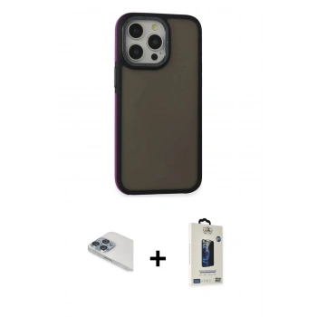 MARSİLYAN™- iPhone 13 Pro Max Kılıf Eksen Işık - Siyah Bilvis Hayalet Cam Ekran Koruyucu + Pers Alüminyum Kamera Lens - SABE