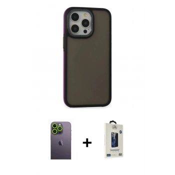 MARSİLYAN™- iPhone 13 Pro Max Kılıf Eksen Işık - Siyah Bilvis Hayalet Cam Ekran Koruyucu + Neon Fosforlu Kamera Lens - YL