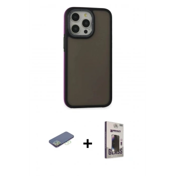 MARSİLYAN™- iPhone 13 Pro Max Kılıf Eksen Işık - Siyah Bilvis Hayalet Cam Ekran Koruyucu + Renkli Kamera Lens Koruma Cam - YL