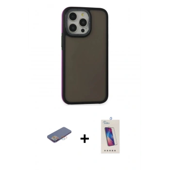 MARSİLYAN™- iPhone 13 Pro Max Kılıf Eksen Işık - Siyah Joko 5D Cam + Renkli Kamera Lens Koruma Cam - PE