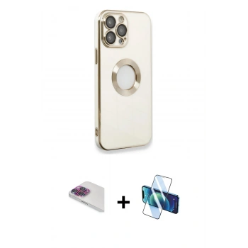 MARSİLYAN™- iPhone 13 Pro Max Kılıf İz Form Serisi - Siyah 3D Antistatik Cam Ekran Koruyucu + Pers Alüminyum Kamera Lens - GI
