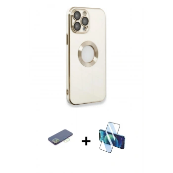 MARSİLYAN™- iPhone 13 Pro Max Kılıf İz Form Serisi - Siyah 3D Antistatik Cam Ekran Koruyucu + Renkli Kamera Lens Koruma Cam - YL