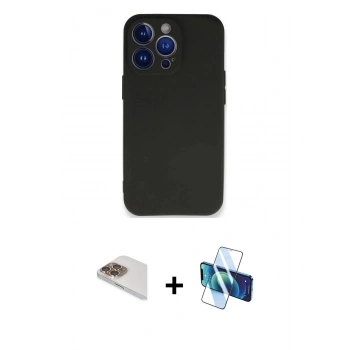 MARSİLYAN™- iPhone 13 Pro Max Kılıf Kozmos Yansıma Özel Seri - Siyah 3D Antistatik Cam Ekran Koruyucu + Pers Alüminyum Kamera Lens - GD