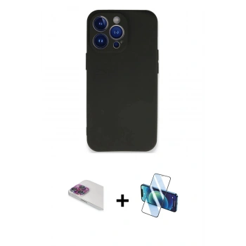 MARSİLYAN™- iPhone 13 Pro Max Kılıf Kozmos Yansıma Özel Seri - Siyah 3D Antistatik Cam Ekran Koruyucu + Pers Alüminyum Kamera Lens - GI
