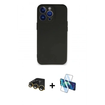 MARSİLYAN™- iPhone 13 Pro Max Kılıf Kozmos Yansıma Özel Seri - Siyah 3D Antistatik Cam Ekran Koruyucu + Raze Metal Kamera Lens - GD