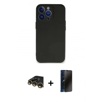 MARSİLYAN™- iPhone 13 Pro Max Kılıf Kozmos Yansıma Özel Seri - Siyah 3D Antistatik Hayalet Cam Ekran Koruyucu + Raze Metal Kamera Lens - GD