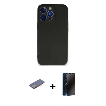 MARSİLYAN™- iPhone 13 Pro Max Kılıf Kozmos Yansıma Özel Seri - Siyah 3D Antistatik Hayalet Cam Ekran Koruyucu + Renkli Kamera Lens Koruma Cam - PE