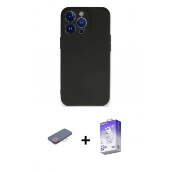 MARSİLYAN™- iPhone 13 Pro Max Kılıf Kozmos Yansıma Özel Seri - Siyah Bilvis 5in1 3D Magic Cam Ekran Koruyucu + Renkli Kamera Lens Koruma Cam - PE
