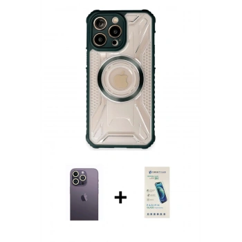 MARSİLYAN™- iPhone 13 Pro Max Kılıf Kutup Modern - Şeffaf Pasifik Cam Ekran Koruyucu + Neon Fosforlu Kamera Lens - BZ