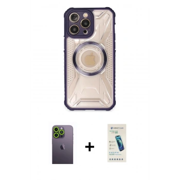 MARSİLYAN™- iPhone 13 Pro Max Kılıf Kutup Modern - Şeffaf Pasifik Cam Ekran Koruyucu + Neon Fosforlu Kamera Lens - YL