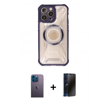 MARSİLYAN™- iPhone 13 Pro Max Kılıf Kutup Modern - Siyah 3D Antistatik Hayalet Cam Ekran Koruyucu + Neon Fosforlu Kamera Lens - MI