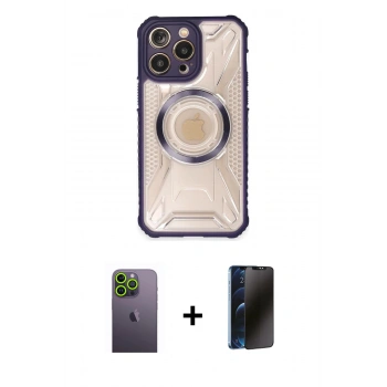 MARSİLYAN™- iPhone 13 Pro Max Kılıf Kutup Modern - Siyah 3D Antistatik Hayalet Cam Ekran Koruyucu + Neon Fosforlu Kamera Lens - YL
