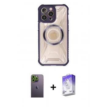 MARSİLYAN™- iPhone 13 Pro Max Kılıf Kutup Modern - Siyah Bilvis 5in1 3D Magic Cam Ekran Koruyucu + Neon Fosforlu Kamera Lens - YL