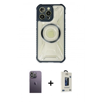 MARSİLYAN™- iPhone 13 Pro Max Kılıf Kutup Modern - Siyah Bilvis Hayalet Cam Ekran Koruyucu + Neon Fosforlu Kamera Lens - BZ