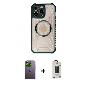 MARSİLYAN™- iPhone 13 Pro Max Kılıf Kutup Modern - Siyah Bilvis Hayalet Cam Ekran Koruyucu + Neon Fosforlu Kamera Lens - YL