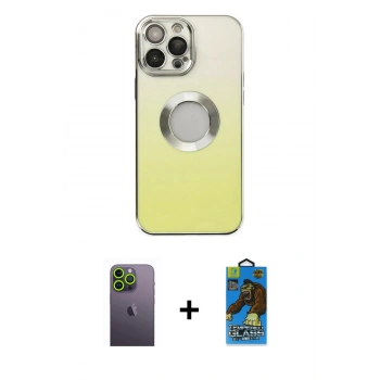 MARSİLYAN™- iPhone 13 Pro Max Kılıf Kutup Yansıma Özel Seri - Siyah 18D Cam Ekran Koruyucu + Neon Fosforlu Kamera Lens - YL