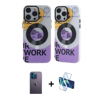MARSİLYAN™- iPhone 13 Pro Max Kılıf Nova Doku Koleksiyonu - Siyah 3D Antistatik Cam Ekran Koruyucu + Neon Fosforlu Kamera Lens - MI
