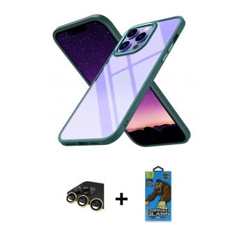 MARSİLYAN™- iPhone 13 Pro Max Kılıf Nova Işık Serisi - Siyah 18D Cam Ekran Koruyucu + Raze Metal Kamera Lens - GD