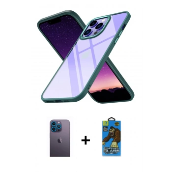MARSİLYAN™- iPhone 13 Pro Max Kılıf Nova Işık Serisi - Siyah 18D Cam Ekran Koruyucu + Neon Fosforlu Kamera Lens - MI