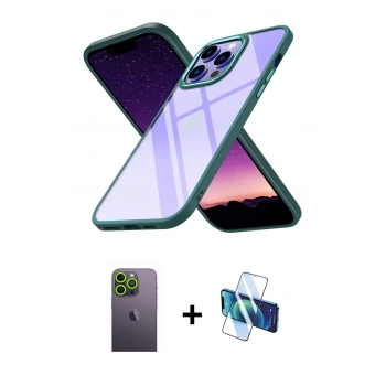 MARSİLYAN™- iPhone 13 Pro Max Kılıf Nova Işık Serisi - Siyah 3D Antistatik Cam Ekran Koruyucu + Neon Fosforlu Kamera Lens - YL