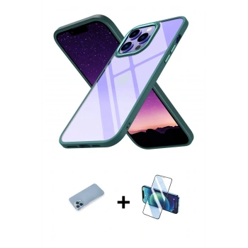 MARSİLYAN™- iPhone 13 Pro Max Kılıf Nova Işık Serisi - Siyah 3D Antistatik Cam Ekran Koruyucu + Shine Kamera Lens Koruma Cam - MI