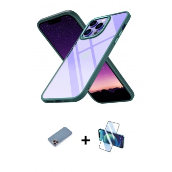 MARSİLYAN™- iPhone 13 Pro Max Kılıf Nova Işık Serisi - Siyah 3D Antistatik Cam Ekran Koruyucu + Shine Kamera Lens Koruma Cam - PE