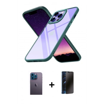 MARSİLYAN™- iPhone 13 Pro Max Kılıf Nova Işık Serisi - Siyah 3D Antistatik Hayalet Cam Ekran Koruyucu + Neon Fosforlu Kamera Lens - MI