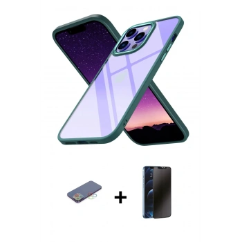 MARSİLYAN™- iPhone 13 Pro Max Kılıf Nova Işık Serisi - Siyah 3D Antistatik Hayalet Cam Ekran Koruyucu + Renkli Kamera Lens Koruma Cam - MI