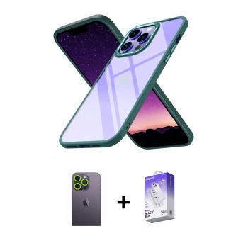 MARSİLYAN™- iPhone 13 Pro Max Kılıf Nova Işık Serisi - Siyah Bilvis 5in1 3D Magic Cam Ekran Koruyucu + Neon Fosforlu Kamera Lens - YL