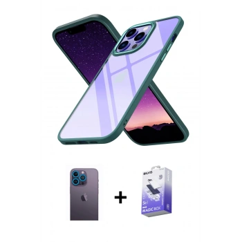 MARSİLYAN™- iPhone 13 Pro Max Kılıf Nova Işık Serisi - Siyah Bilvis 5in1 5D Magic Hayalet Cam Ekran Koruyucu + Neon Fosforlu Kamera Lens - MI