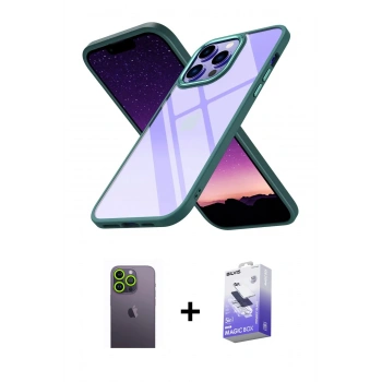 MARSİLYAN™- iPhone 13 Pro Max Kılıf Nova Işık Serisi - Siyah Bilvis 5in1 5D Magic Hayalet Cam Ekran Koruyucu + Neon Fosforlu Kamera Lens - YL