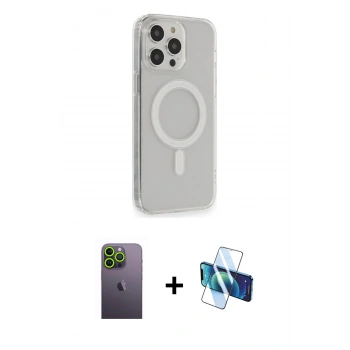 MARSİLYAN™- iPhone 13 Pro Max Kılıf Pusula Çizgi Koleksiyonu - Siyah 3D Antistatik Cam Ekran Koruyucu + Neon Fosforlu Kamera Lens - YL
