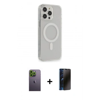 MARSİLYAN™- iPhone 13 Pro Max Kılıf Pusula Çizgi Koleksiyonu - Siyah 3D Antistatik Hayalet Cam Ekran Koruyucu + Neon Fosforlu Kamera Lens - YL