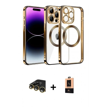 MARSİLYAN™- iPhone 13 Pro Max Kılıf Pusula Form - Şeffaf Maxco Cam Ekran Koruyucu + Raze Metal Kamera Lens - GD