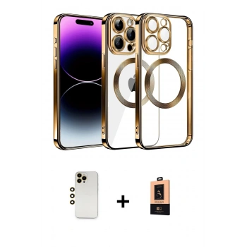MARSİLYAN™- iPhone 13 Pro Max Kılıf Pusula Form - Şeffaf Maxco Cam Ekran Koruyucu + Shine Kamera Lens - GD