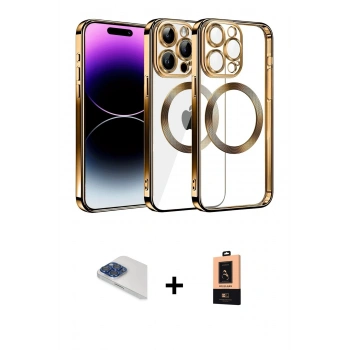 MARSİLYAN™- iPhone 13 Pro Max Kılıf Pusula Form - Şeffaf Maxco Cam Ekran Koruyucu + Pers Alüminyum Kamera Lens - LT