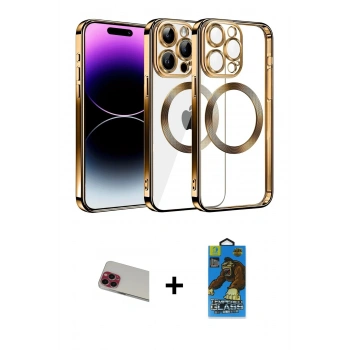 MARSİLYAN™- iPhone 13 Pro Max Kılıf Pusula Form - Siyah 18D Cam Ekran Koruyucu + Rainbow Kamera Lens Koruma Cam - KI