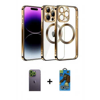 MARSİLYAN™- iPhone 13 Pro Max Kılıf Pusula Form - Siyah 18D Cam Ekran Koruyucu + Neon Fosforlu Kamera Lens - YL
