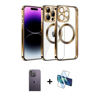 MARSİLYAN™- iPhone 13 Pro Max Kılıf Pusula Form - Siyah 3D Antistatik Cam Ekran Koruyucu + Neon Fosforlu Kamera Lens - BZ
