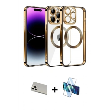 MARSİLYAN™- iPhone 13 Pro Max Kılıf Pusula Form - Siyah 3D Antistatik Cam Ekran Koruyucu + Rainbow Kamera Lens Koruma Cam - BZ