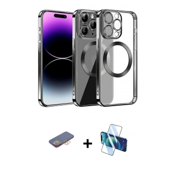 MARSİLYAN™- iPhone 13 Pro Max Kılıf Pusula Form - Siyah 3D Antistatik Cam Ekran Koruyucu + Renkli Kamera Lens Koruma Cam - TU