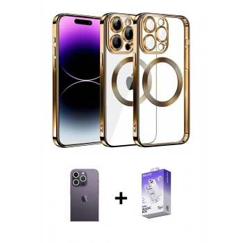 MARSİLYAN™- iPhone 13 Pro Max Kılıf Pusula Form - Siyah Bilvis 5in1 3D Magic Cam Ekran Koruyucu + Neon Fosforlu Kamera Lens - BZ