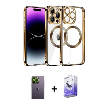 MARSİLYAN™- iPhone 13 Pro Max Kılıf Pusula Form - Siyah Bilvis 5in1 5D Magic Hayalet Cam Ekran Koruyucu + Neon Fosforlu Kamera Lens - YL