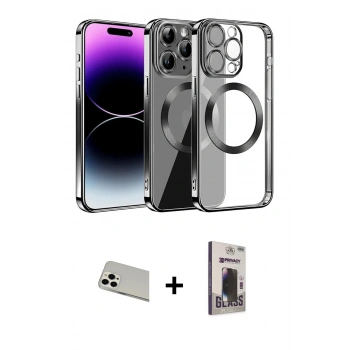 MARSİLYAN™- iPhone 13 Pro Max Kılıf Pusula Form - Siyah Bilvis Hayalet Cam Ekran Koruyucu + Rainbow Kamera Lens Koruma Cam - BZ
