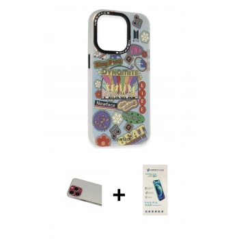 MARSİLYAN™- iPhone 13 Pro Max Kılıf Siluet Çizgi Koleksiyonu - Şeffaf Pasifik Cam Ekran Koruyucu + Rainbow Kamera Lens Koruma Cam - KI
