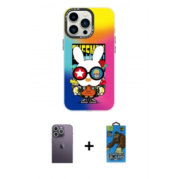 MARSİLYAN™- iPhone 13 Pro Max Kılıf Siluet Çizgi Koleksiyonu - Siyah 18D Cam Ekran Koruyucu + Neon Fosforlu Kamera Lens - BZ